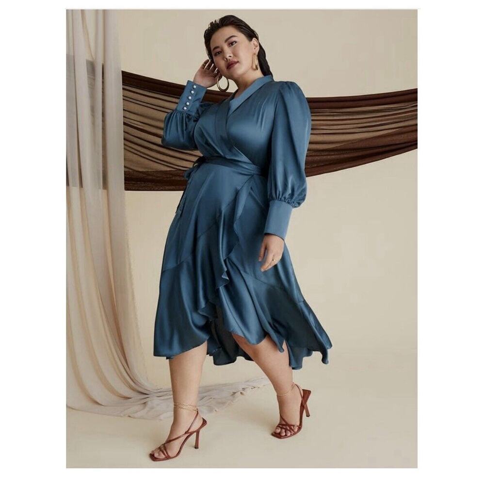 Eloquii Rose Satin Wrap Midi Dress - Picture 13 of 13